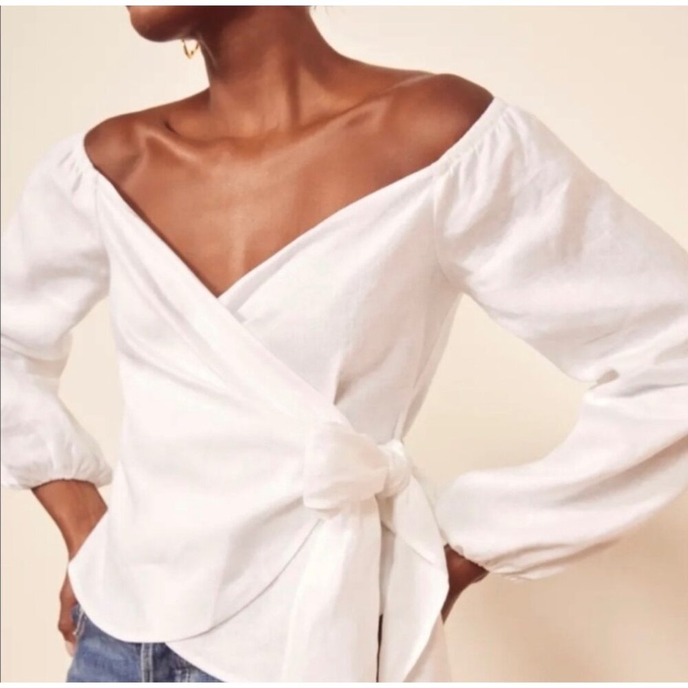 Reformation White Linen Hart Wrap Top Women’s XS